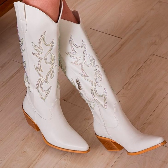 Amazon Shoes - Pasuot Western Knee High Wide Calf Western Cowgirl Boots in White and Rhinestone